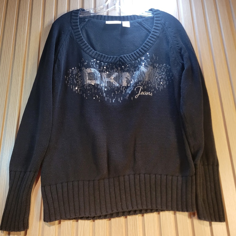 DKNY Jeans Womens XL Black Cotton Sequin Logo Scoop Neck Raglan Sweater